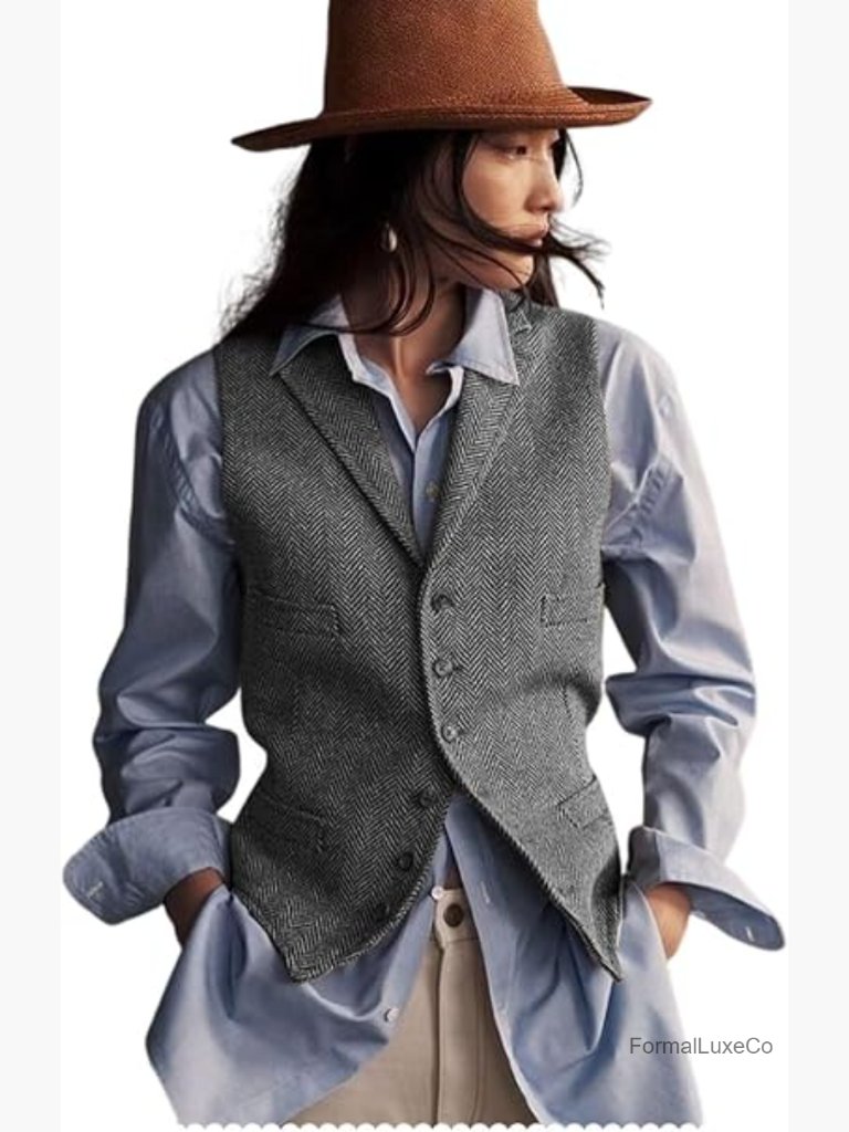 Herringbone Tweed Waistcoat Lapel Sleeveless Blazer V-Neck Work Office Vest